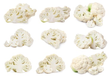 Image of Collage of cut fresh raw cauliflowers on white background