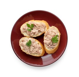 Photo of Tasty sandwiches with cod liver and fresh parsley isolated on white, top view