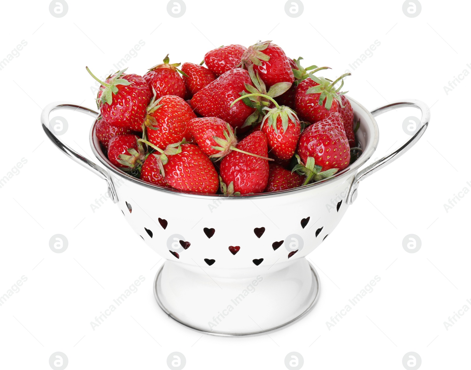 Photo of Colander with fresh strawberries isolated on white