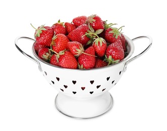 Photo of Colander with fresh strawberries isolated on white