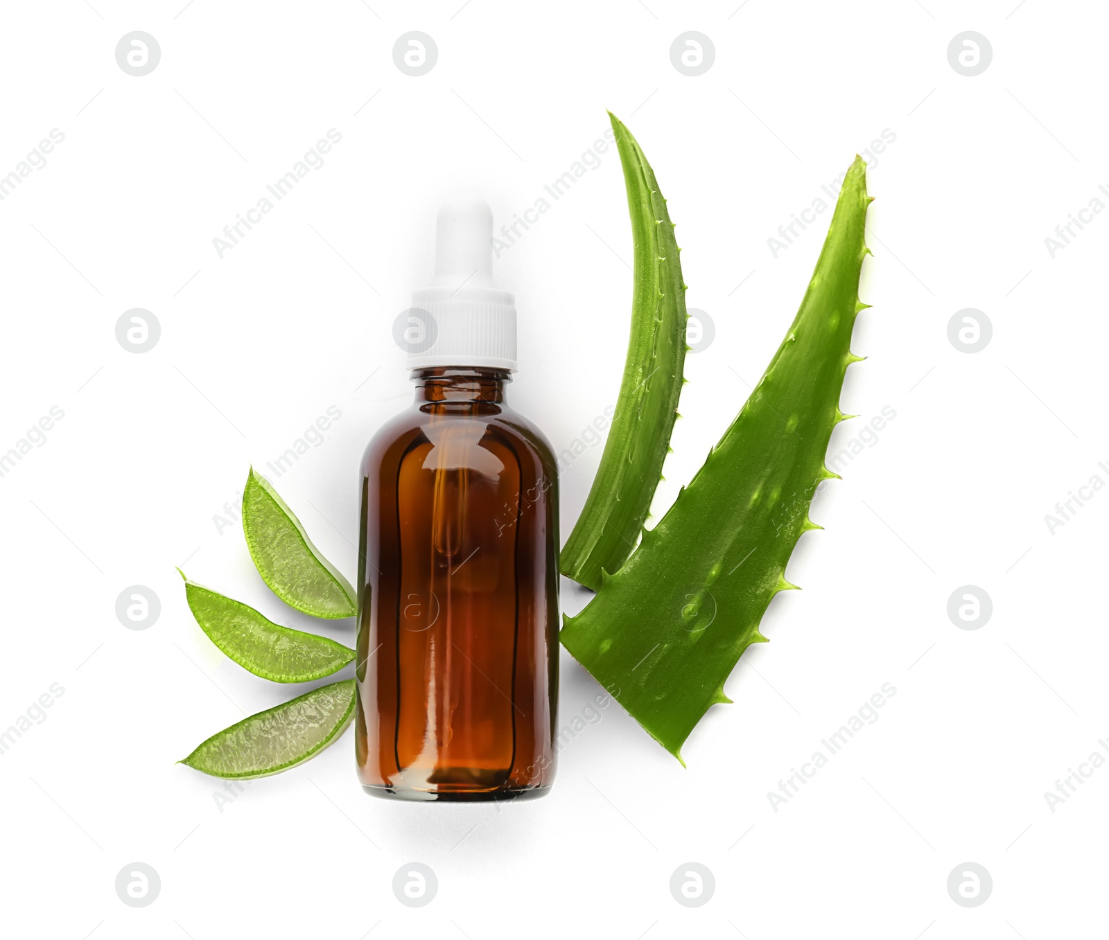 Photo of Bottle with aloe essential oil and fresh leaves on white background