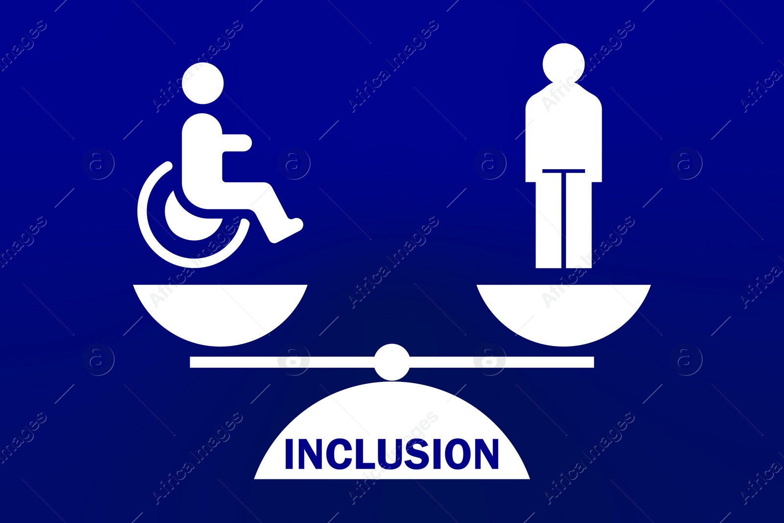 Illustration of Concept of DEI - Diversity, Equality, Inclusion.  people, one with disability and scales on blue background