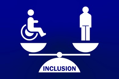 Illustration of Concept of DEI - Diversity, Equality, Inclusion.  people, one with disability and scales on blue background