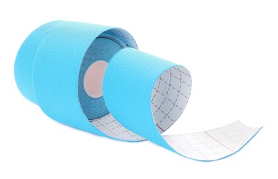Light blue kinesio tape in roll on white background