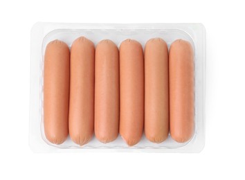 Photo of Delicious boiled sausages in plastic container on white background, top view