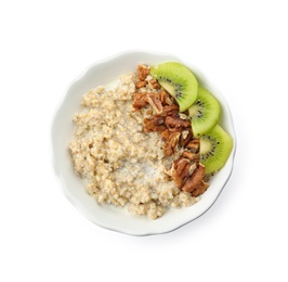 Photo of Bowl of quinoa porridge with walnuts, kiwi and milk on white background, top view