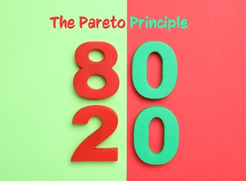 Numbers 80 and 20 on color background, flat lay. Pareto principle concept