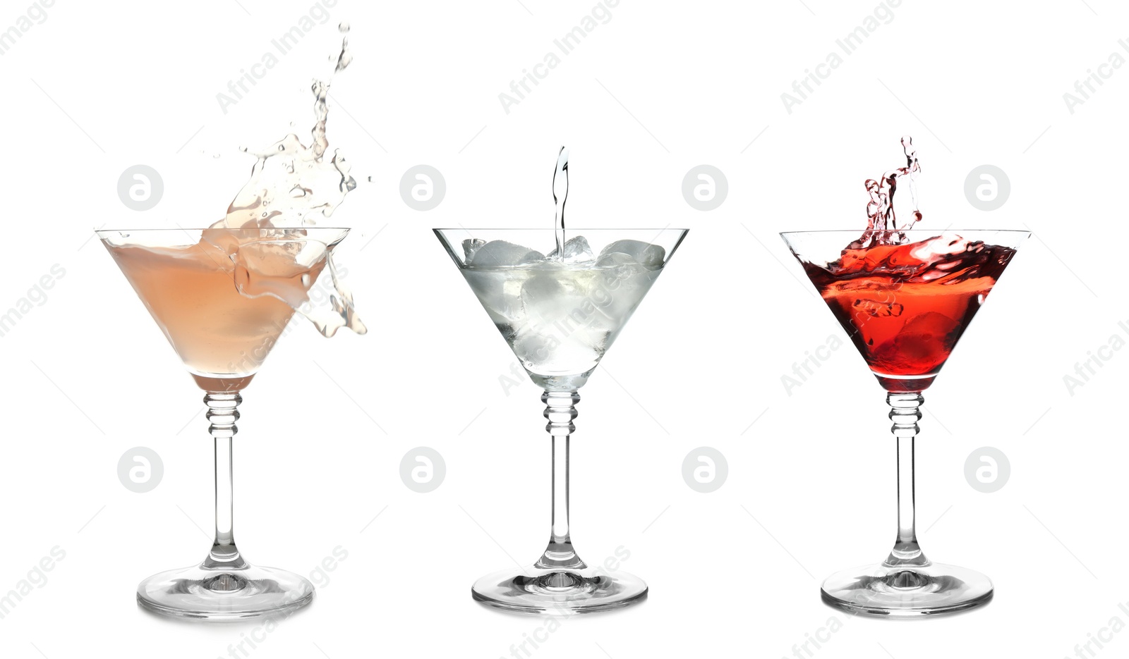 Image of Set with different martini cocktails on white background 