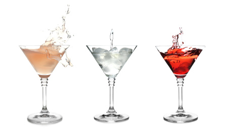 Image of Set with different martini cocktails on white background 