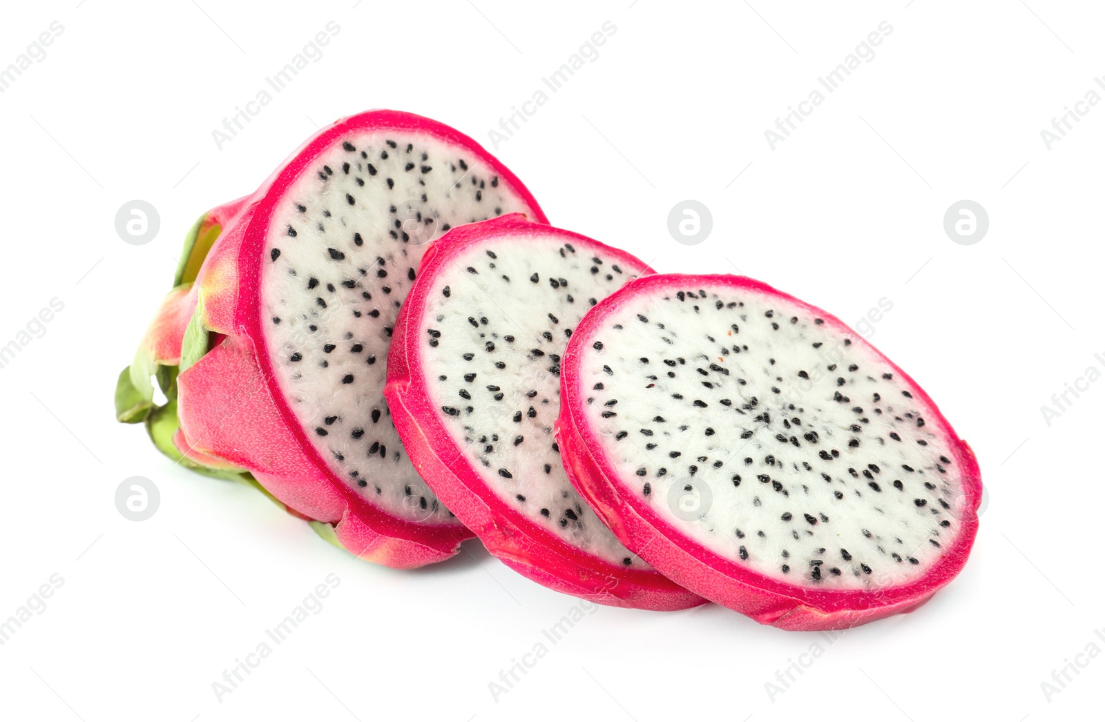 Photo of Delicious cut pitahaya fruit on white background