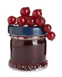 Jar with sweet jam and fresh berries on white background