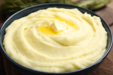 Photo of Bowl of freshly cooked homemade mashed potatoes, closeup