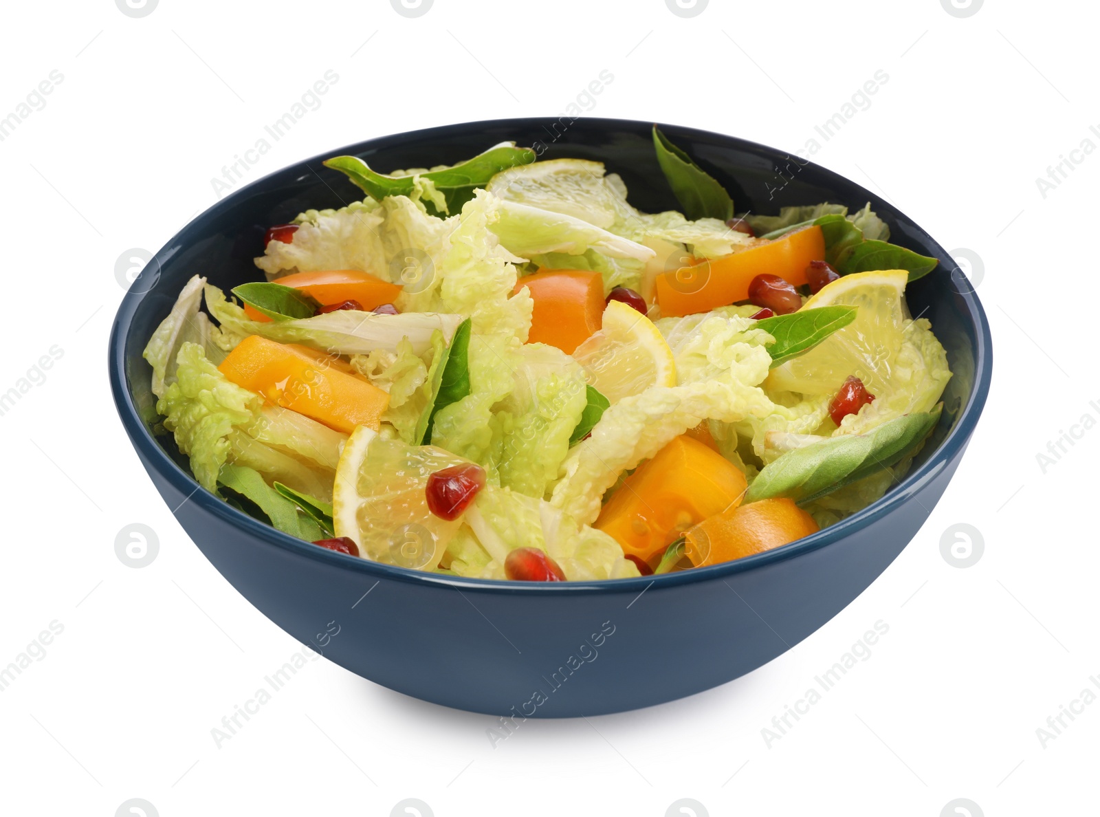 Photo of Delicious salad with Chinese cabbage, lemon, persimmon and pomegranate seeds isolated on white