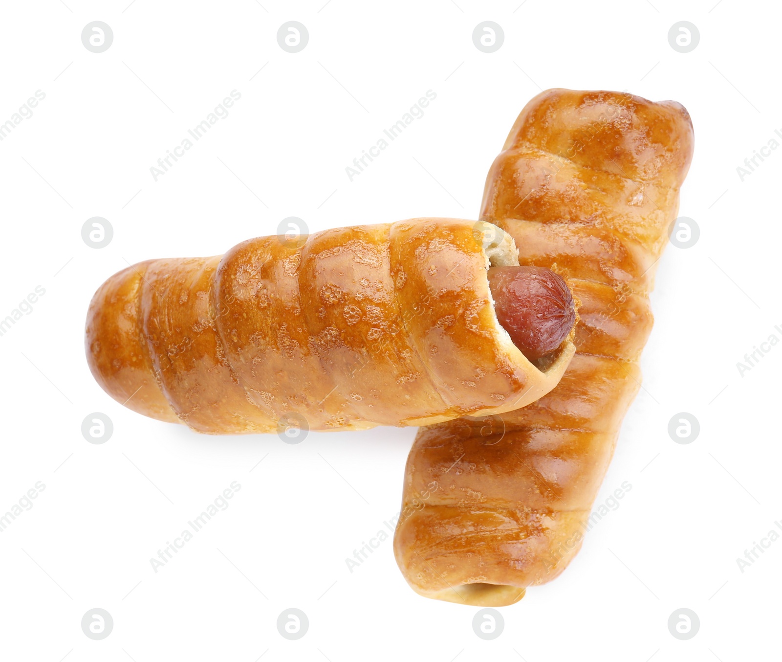 Photo of Delicious sausage rolls isolated on white, top view