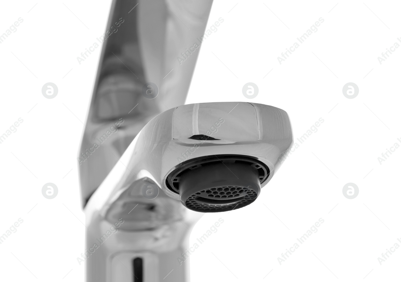 Photo of Single handle water tap on white background, closeup