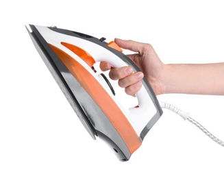 Photo of Woman holding modern electric iron on white background, closeup