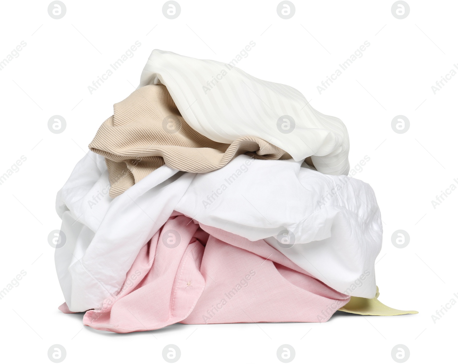 Photo of Pile of colorful clothes isolated on white