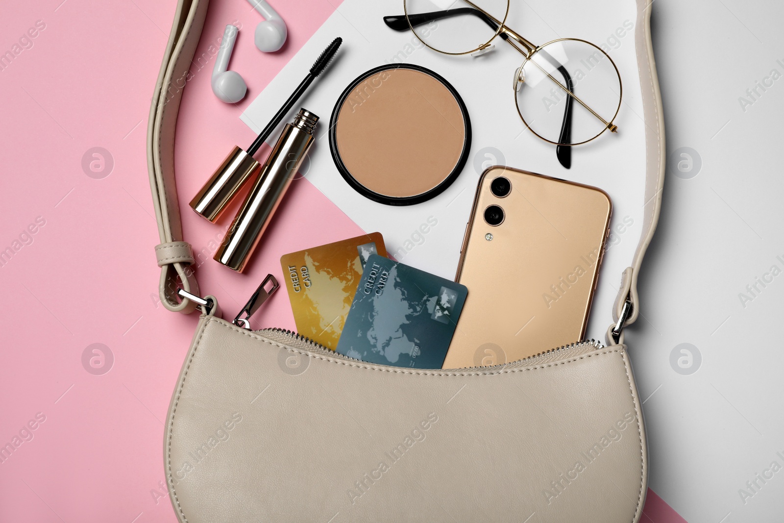 Photo of Flat lay composition with stylish woman's bag on color background