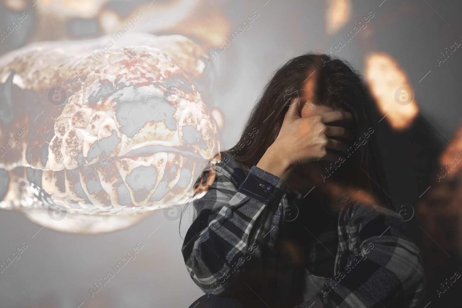 Image of Double exposure of scared young woman suffering from herpetophobia on grey background. Fear or aversion to reptiles