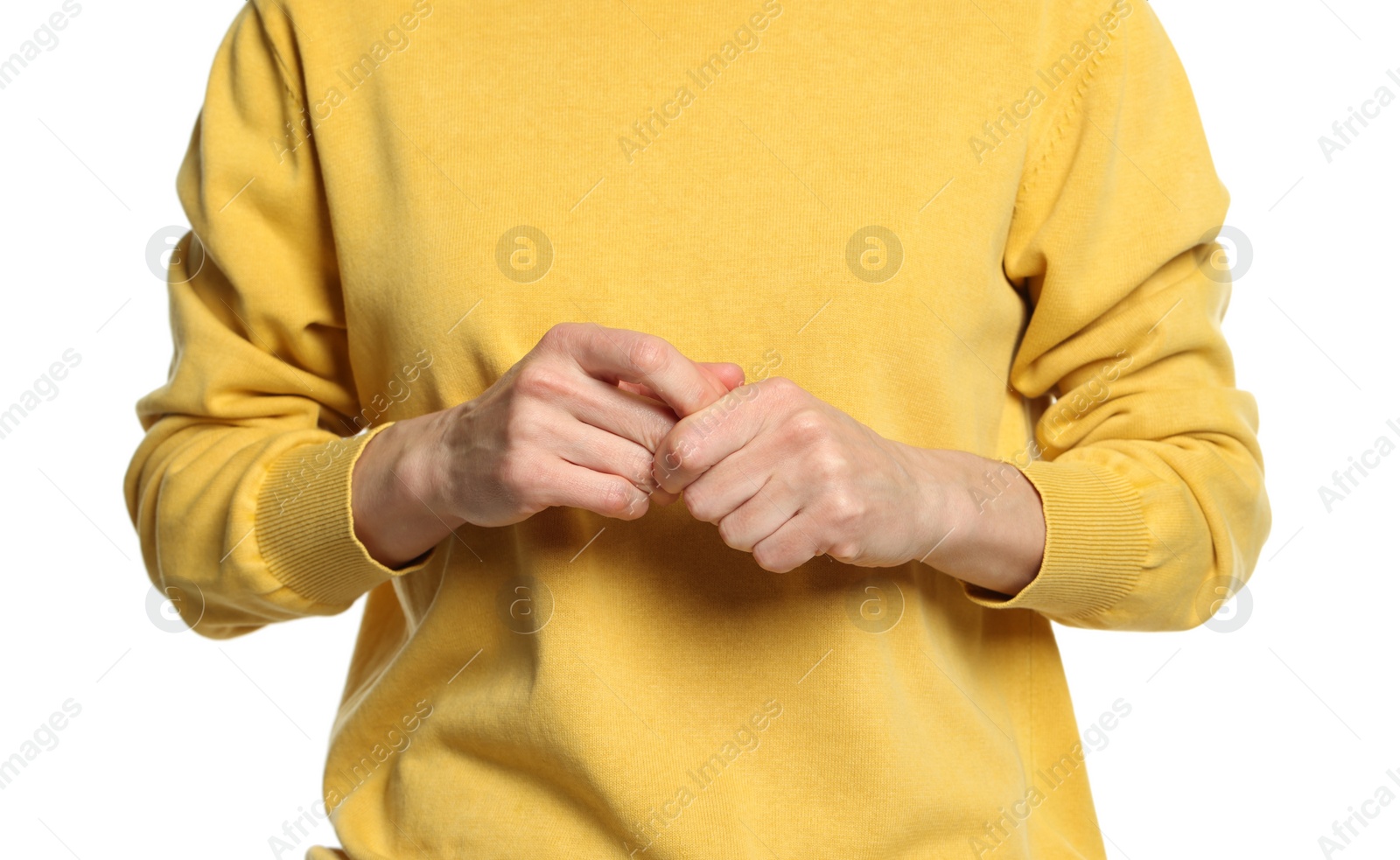 Photo of Woman cracking her knuckles on white background, closeup. Bad habit