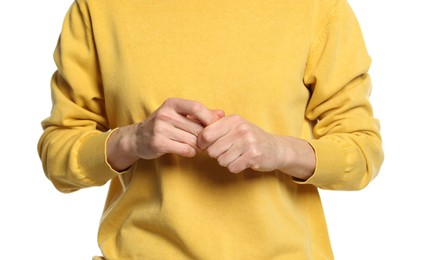 Woman cracking her knuckles on white background, closeup. Bad habit