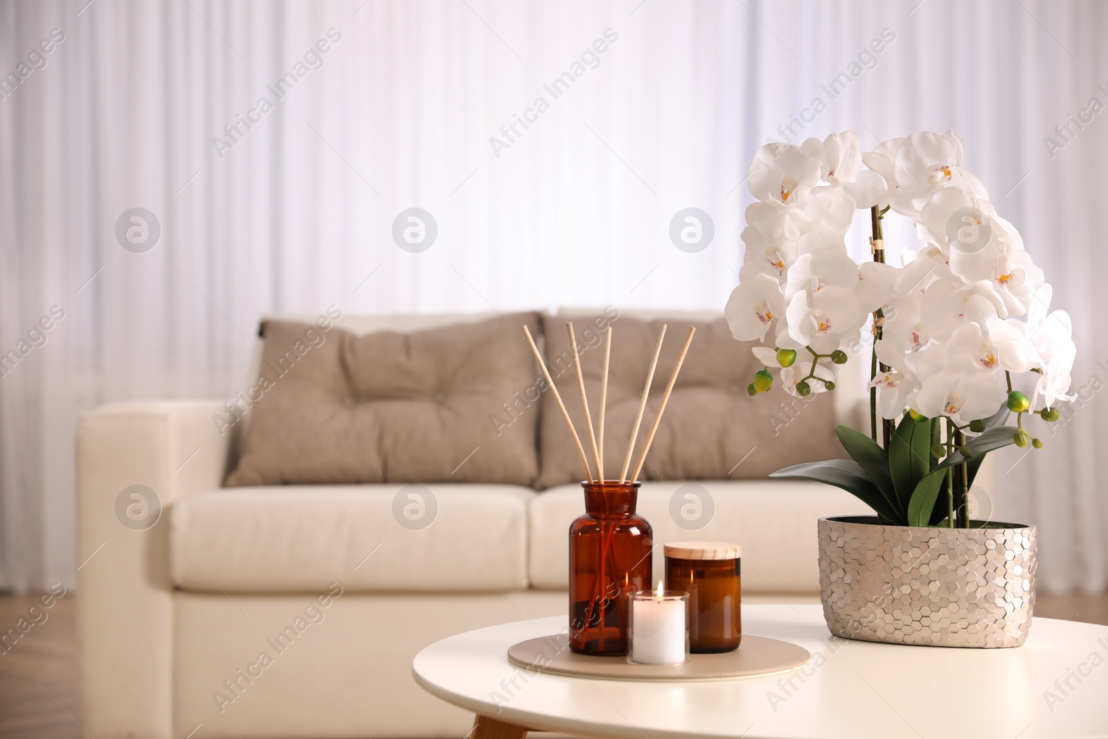 Photo of Beautiful orchid and air reed freshener on table indoors. Interior design