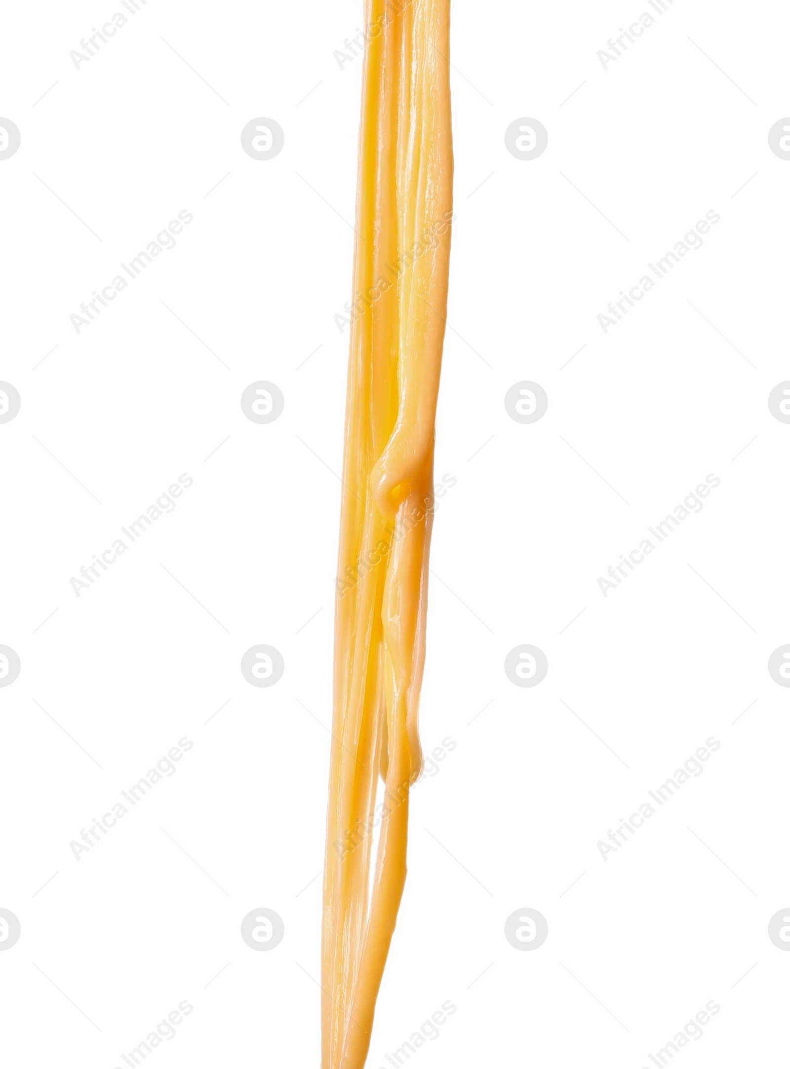 Photo of Stretching delicious melted cheese isolated on white