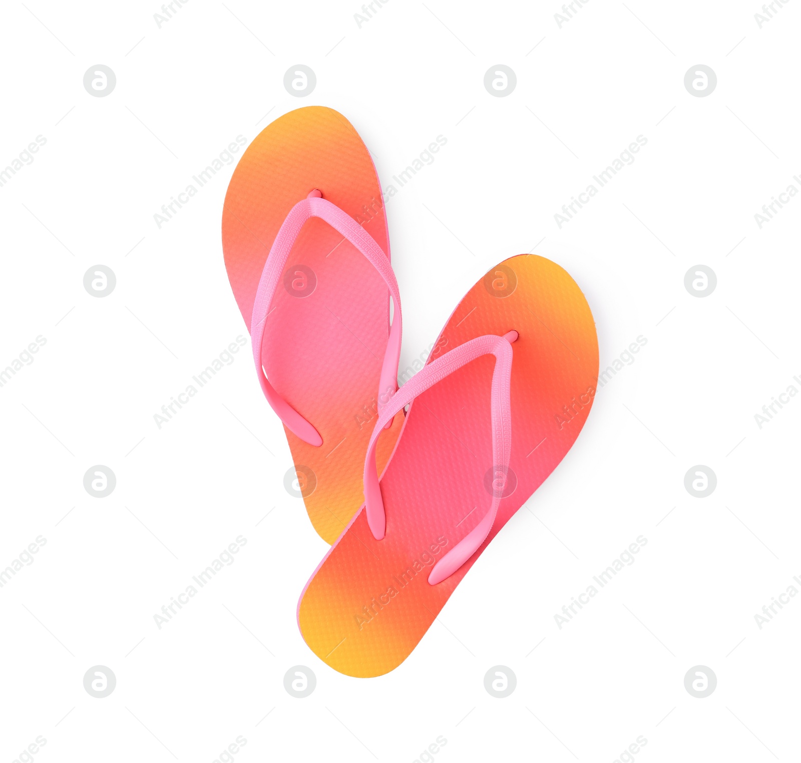 Photo of Stylish flip flops isolated on white, top view