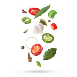 Image of Different aromatic spices falling on white background