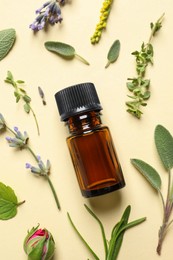 Bottle of essential oil and different herbs on beige background, flat lay