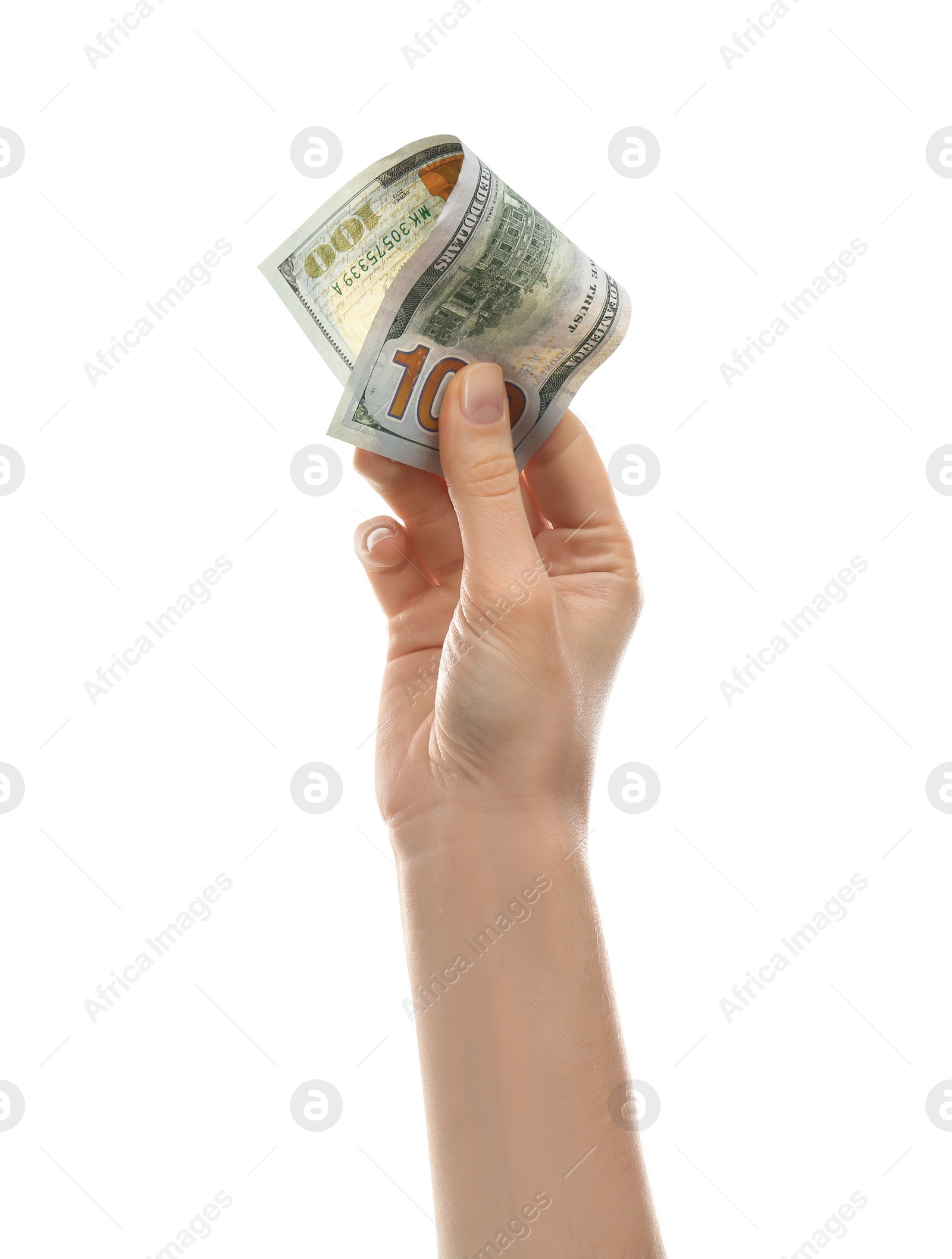 Photo of Woman with dollar banknote on white background, closeup. Money and finance