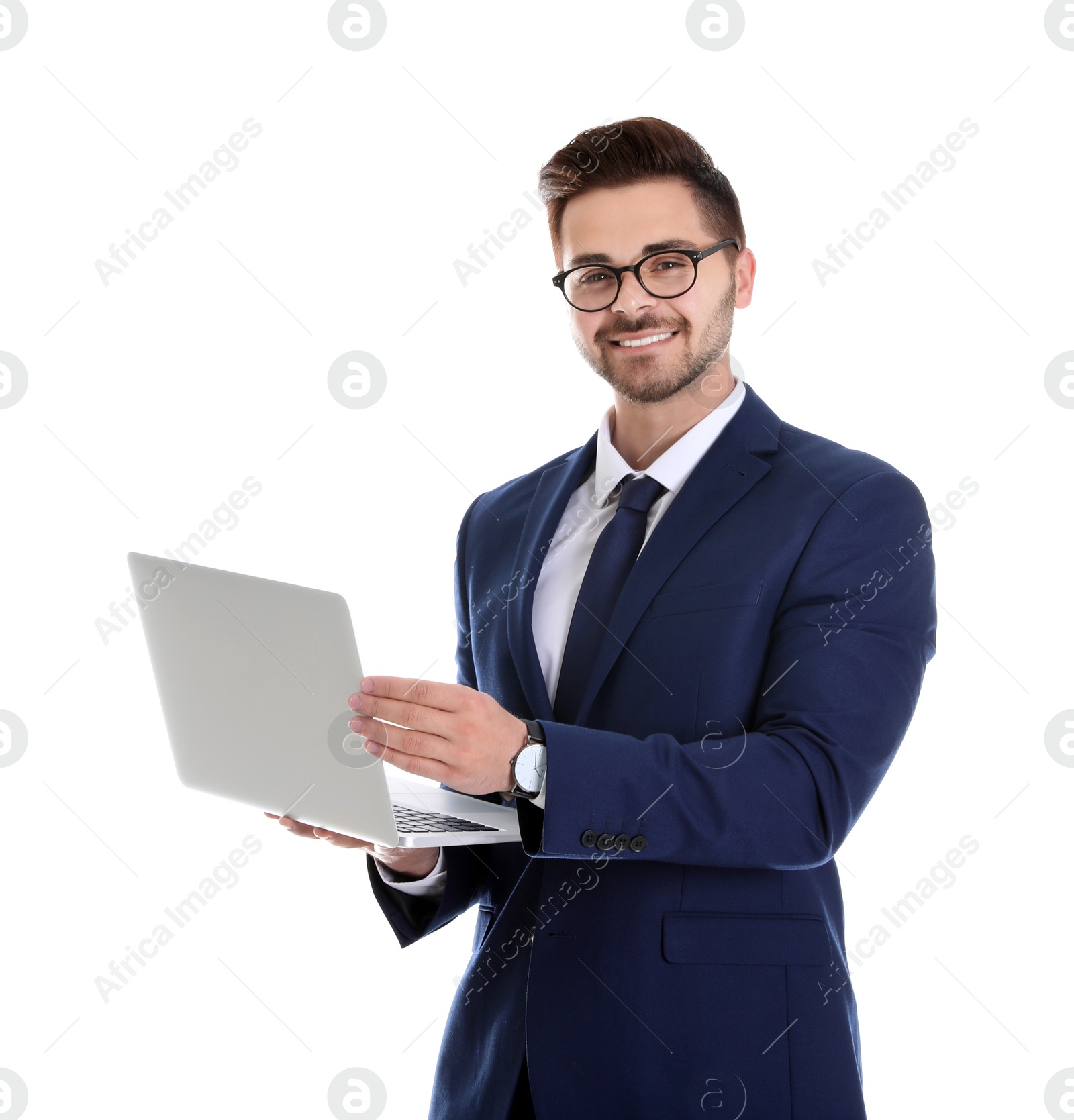 Photo of Young man with laptop on white background