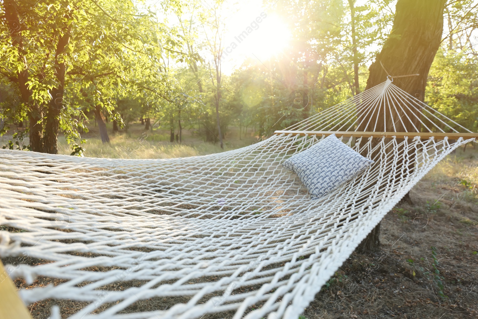 Photo of Comfortable net hammock with soft pillow at green garden, closeup