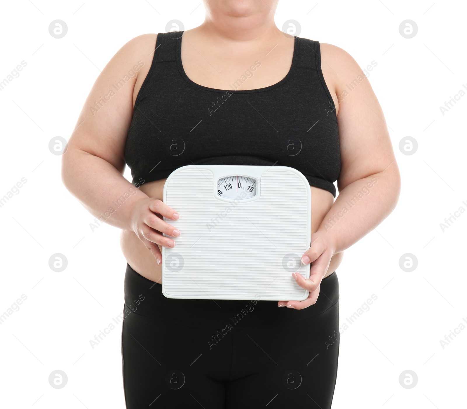 Photo of Overweight woman with scales on white background