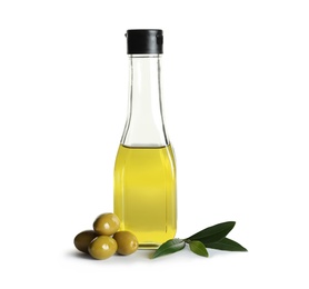 Glass bottle with fresh olive oil on white background