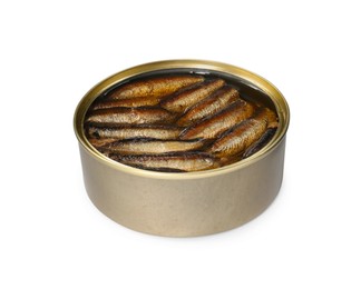 One tin can of sprats isolated on white