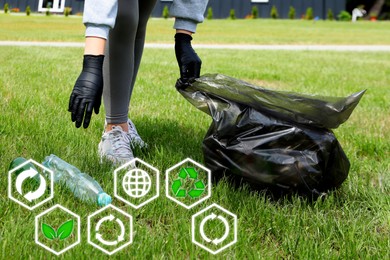Image of Woman with trash bag picking up garbage in nature, closeup. Recycling and other icons near her