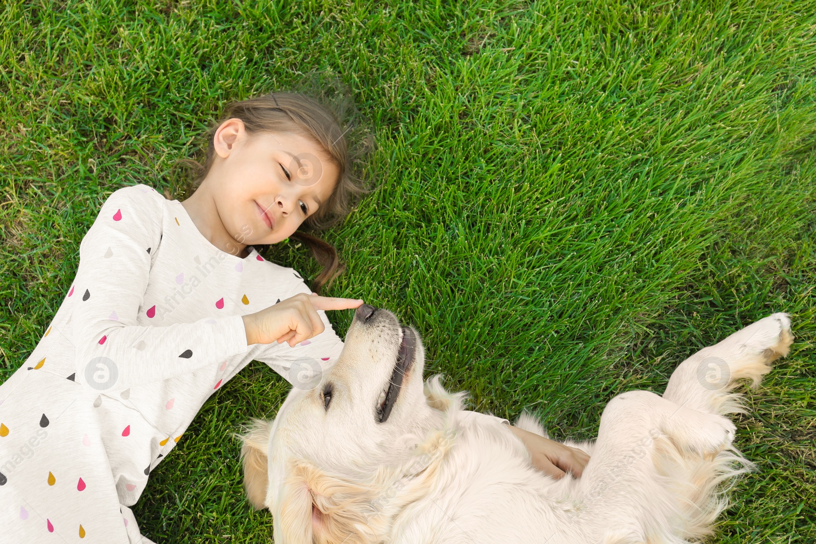 Photo of Cute little child with his pet on green grass, top view