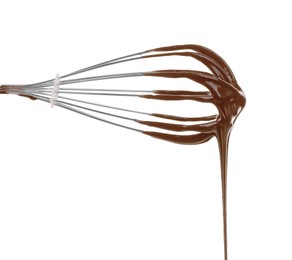 Photo of Chocolate cream flowing from whisk on white background, space for text