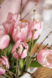 Beautiful bouquet with spring pink tulips, closeup