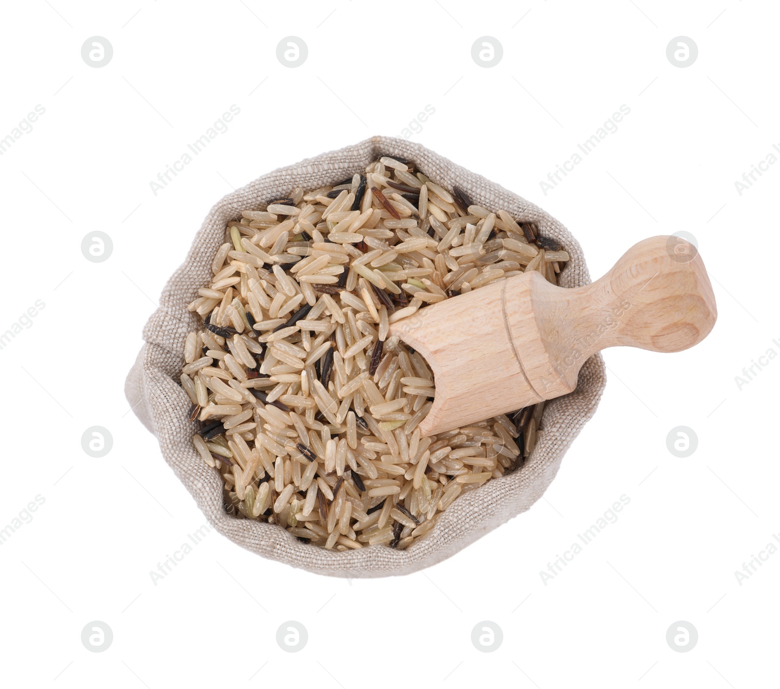 Photo of Raw unpolished rice in sack isolated on white, top view