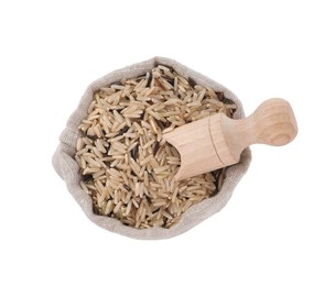 Raw unpolished rice in sack isolated on white, top view