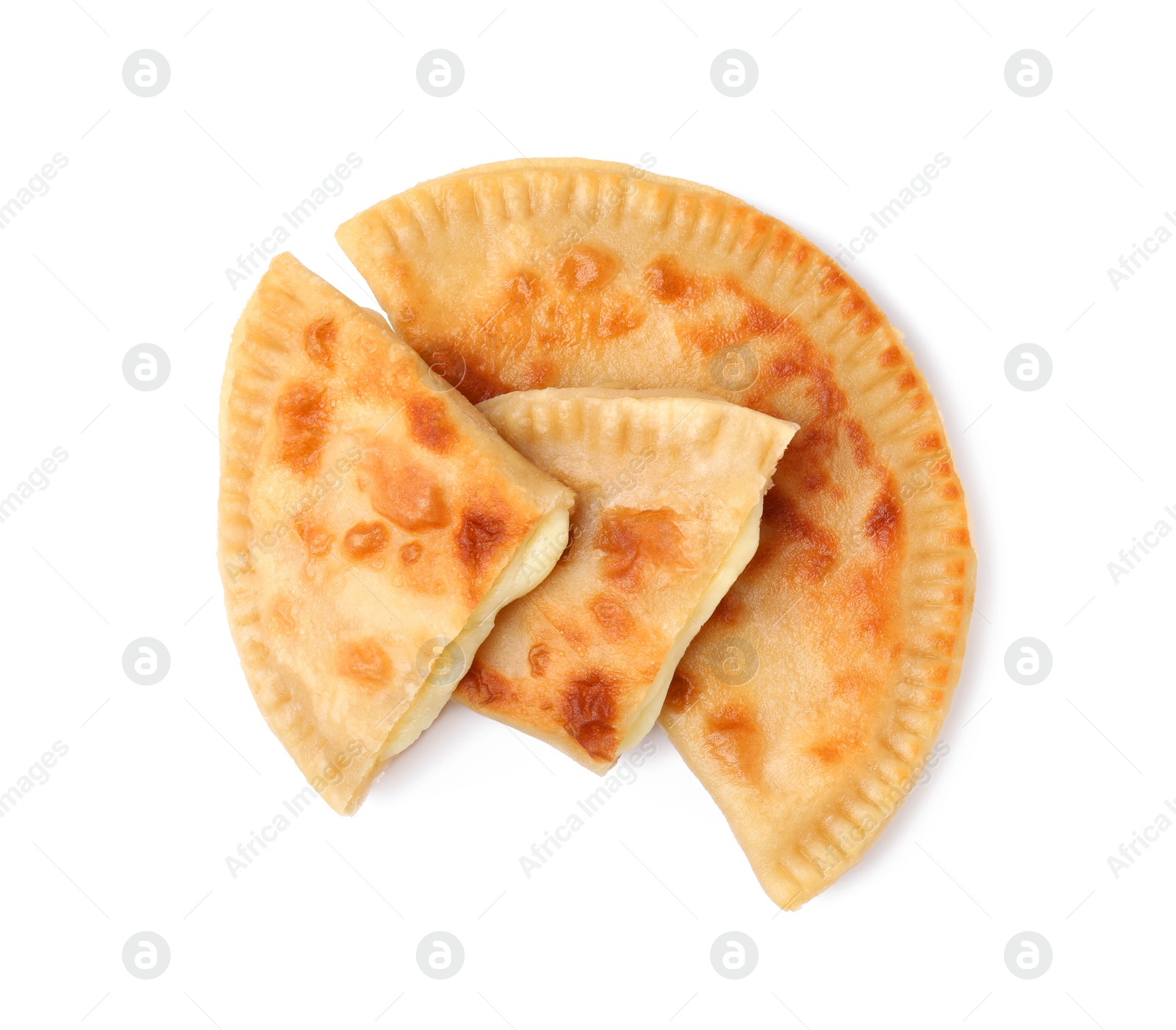 Photo of Delicious fried chebureki with cheese isolated on white, top view