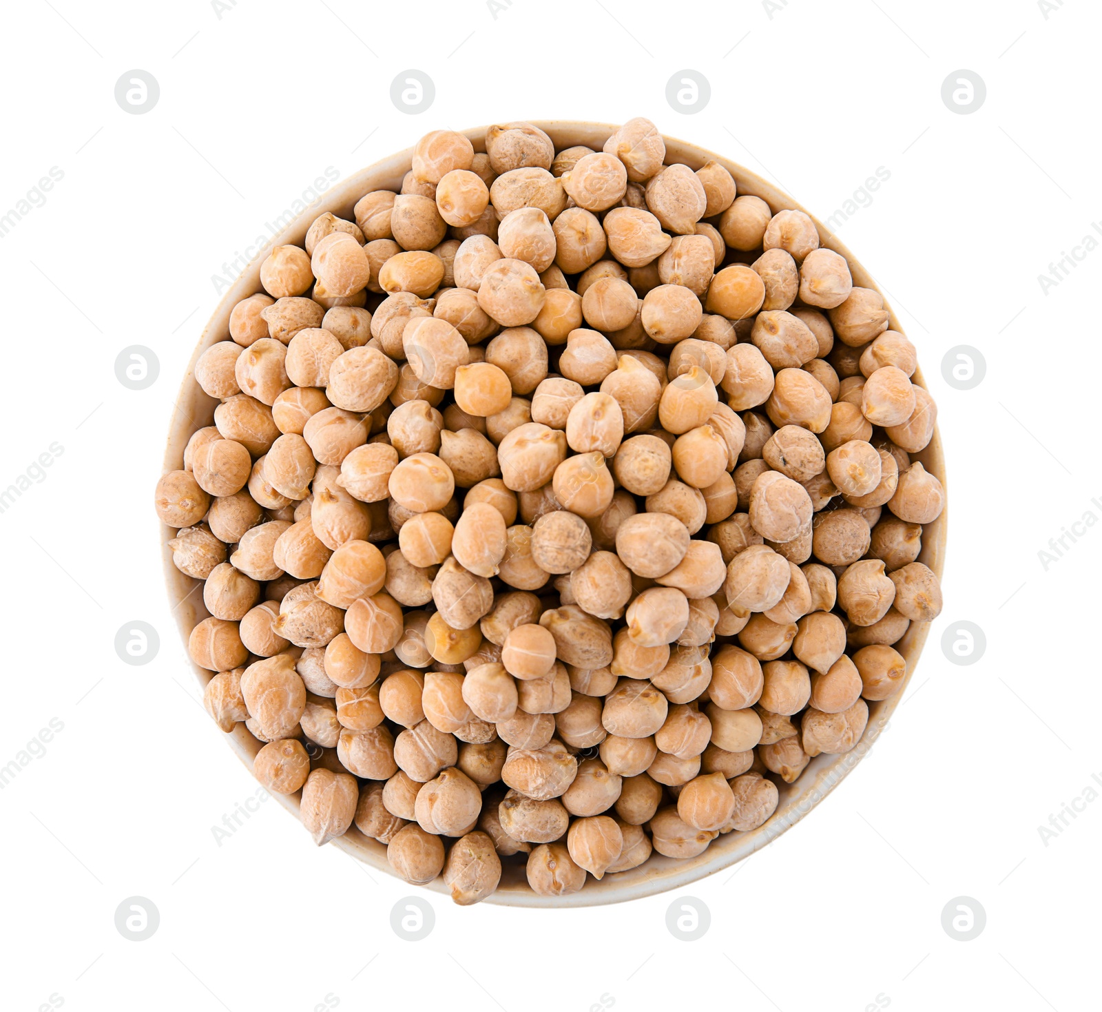 Photo of Bowl with dried peas on white background, top view