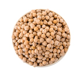 Bowl with dried peas on white background, top view