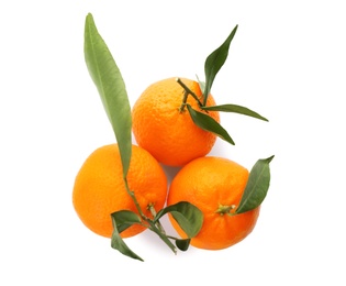 Photo of Whole fresh tangerines with green leaves on white background, top view
