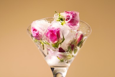 Ice cubes with frozen flowers in martini glass on beige background, closeup