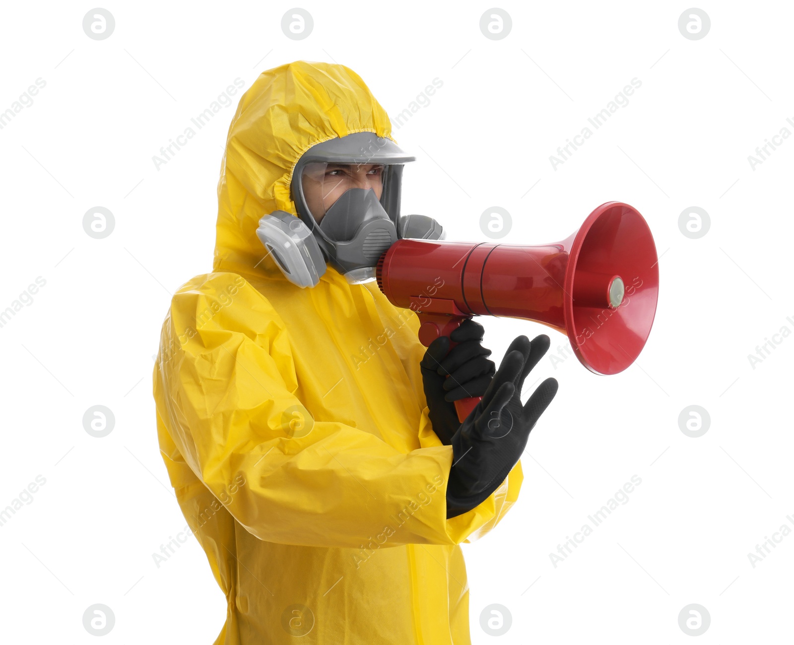 Photo of Man wearing chemical protective suit with megaphone on white background. Prevention of virus spread