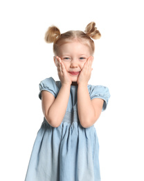 Photo of Portrait of cute little girl on white background