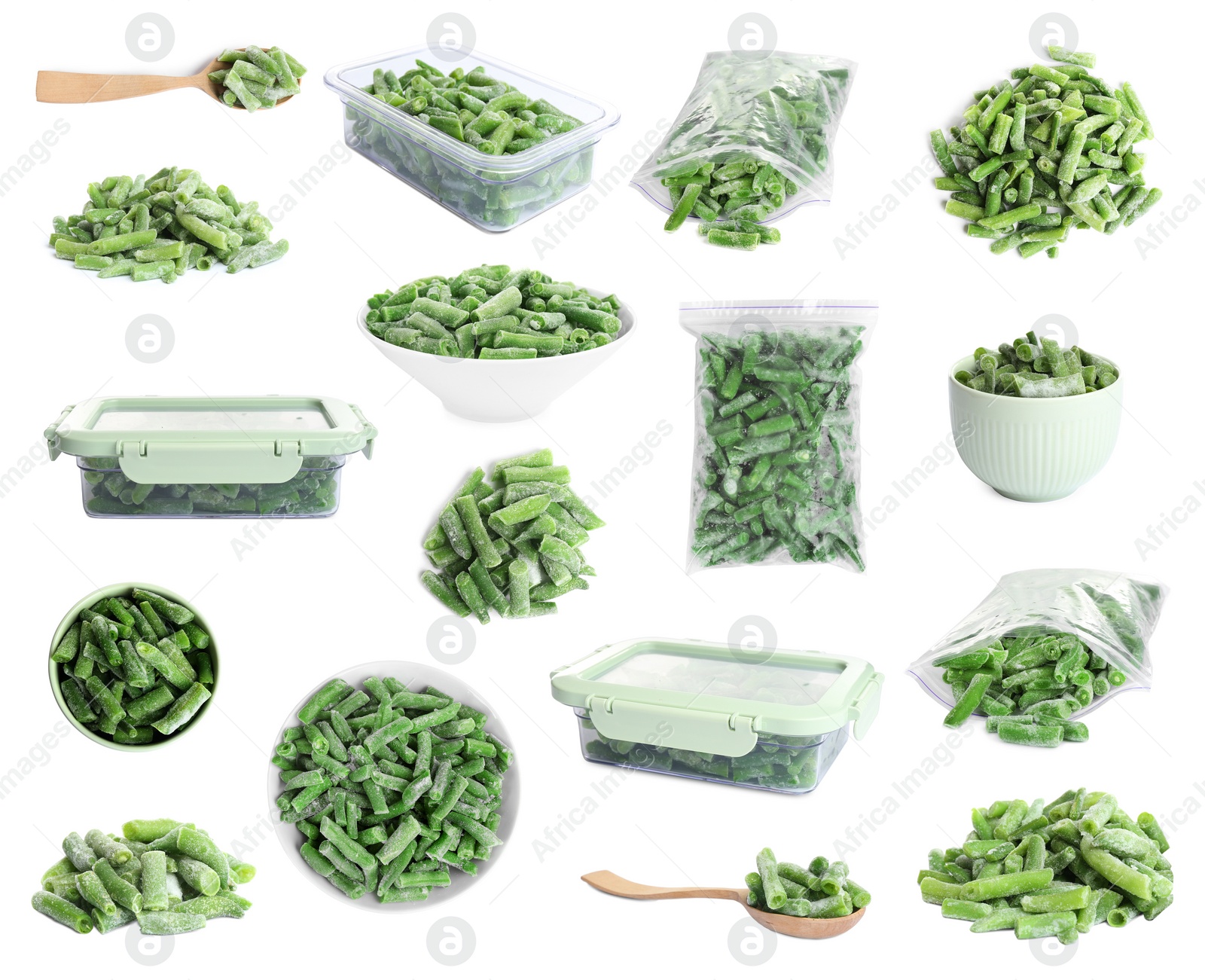 Image of Set of frozen green beans on white background. Vegetable preservation